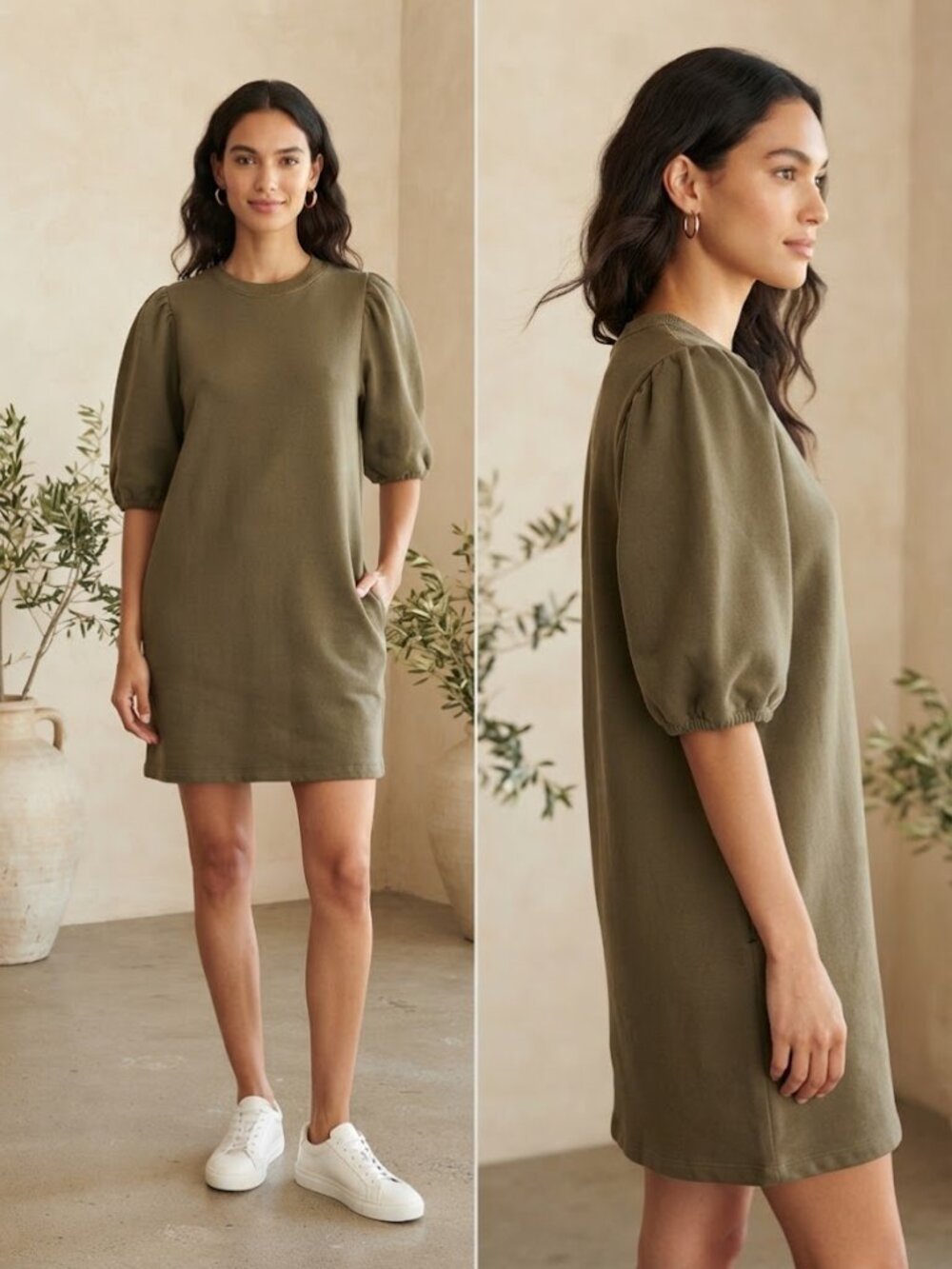 Etica Isabelle Olive Green Puff-Sleeve Sweatshirt Dress Women Size Small